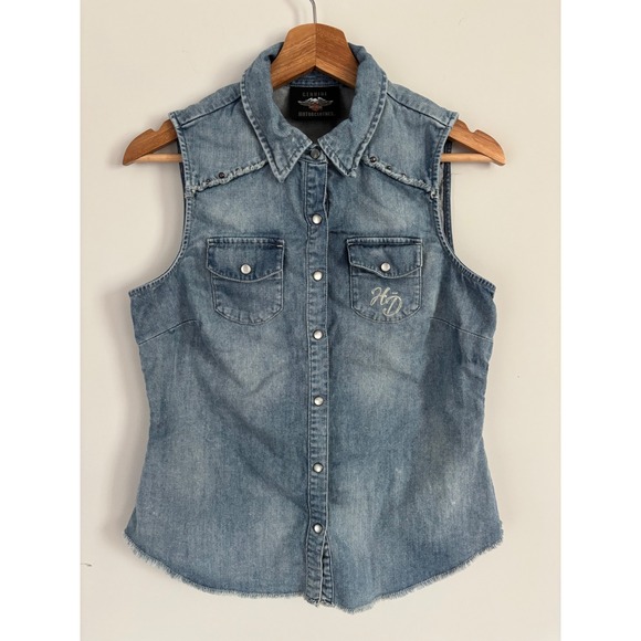 Harley-Davidson Jackets & Blazers - Harley Davidson Womens Denim Vest Light Wash American Flag Studded Frayed small